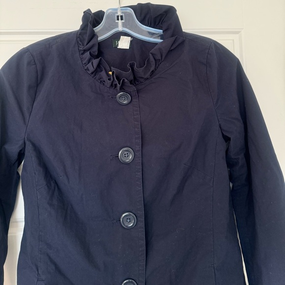 J Crew Women’s Size 0 Cotton Blazer Navy Ruffle Collar Y2K Button‎ Front - Picture 4 of 7